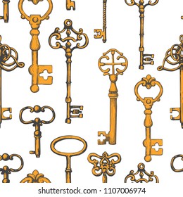 Seamless pattern. Vector set of hand-drawn antique keys, keyholes and locks. Illustration in sketch style on white background. Old design.