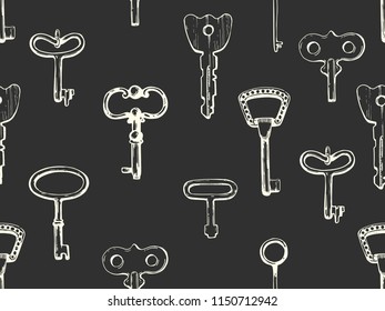 Seamless pattern. Vector set of hand-drawn antique keys, keyholes and locks. Illustration in sketch style on white background. Old design.