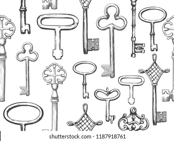 Seamless pattern. Vector set of hand-drawn antique keys, keyholes and locks. Illustration in sketch style on white background. Old design.