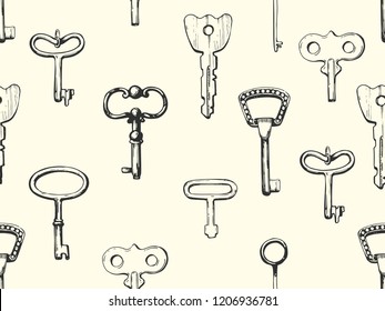Seamless pattern. Vector set of hand-drawn antique keys, keyholes and locks. Illustration in sketch style on white background. Old design.
