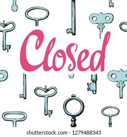 Seamless pattern. Vector set of hand-drawn antique keys. Illustration in sketch style on white background. Old design.