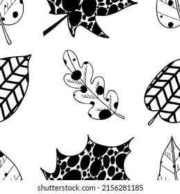 Seamless pattern. Vector set of hand-drawn leaves. Doodle style backgrounds. For packaging, clothing, fashion fabrics, home decor, backgrounds, postcards, scrapbooking, etc.