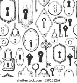 Seamless pattern. Vector set of hand-drawn antique keys, keyholes and locks. Illustration in sketch style on white background. Old design.
