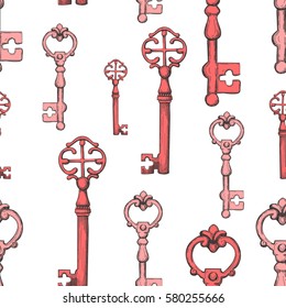 Seamless pattern. Vector set of hand-drawn antique keys, keyholes and locks. Illustration in sketch style on white background. Old design.