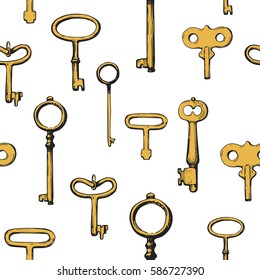 Seamless pattern. Vector set of hand-drawn antique keys. Illustration in sketch style on white background. Old design.