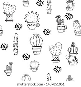 Seamless pattern. Vector set of indoor plants on a white background. Cactus family. Hand drawn ink illustration, home decor, antistress coloring. Doodle cactus coloring for adults.
