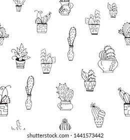 Seamless pattern. Vector set of indoor plants on a white background. Cactus family. Hand drawn ink illustration, home decor, antistress coloring. Doodle cactus coloring for adults.
