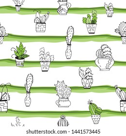 Seamless pattern. Vector set of indoor plants on a white background. Cactus family. Hand drawn ink illustration, home decor, antistress coloring. Doodle cactus coloring for adults.