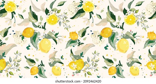 seamless pattern, vector Set of lemon branch. Flower, green leaves. fruit and splashing juice. arrangements 