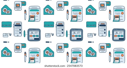 Seamless pattern with vector set of mobile phones, tablets and gadgets, blue tones, digital theme