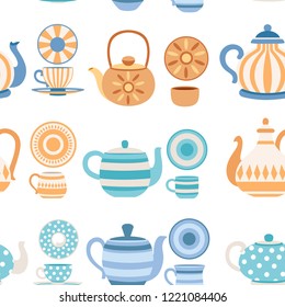 Seamless pattern. Vector set of teapots and cups with cute patterns. Tea-set cartoon style design. Flat vector illustration on white background.