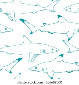 Seamless pattern with vector shark hand drawn illustration with wild sea animal. Sea life sketch with predator dangerous fish. Coloring book illustration