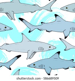 Seamless pattern with vector shark hand drawn illustration with wild sea animal. Sea life sketch with predator dangerous fish and watercolor paint splash