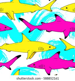 Seamless pattern with vector shark hand drawn illustration with wild sea animal. Sea life sketch with predator dangerous fish and watercolor paint splash