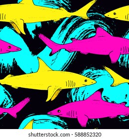 Seamless pattern with vector shark hand drawn illustration with wild sea animal. Sea life sketch with predator dangerous fish and watercolor paint splash