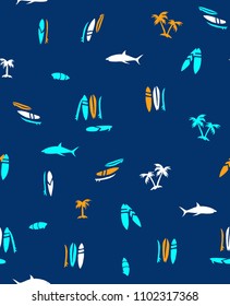 seamless pattern vector. shark, palm tree, surfing, nautical tropical wallpaper