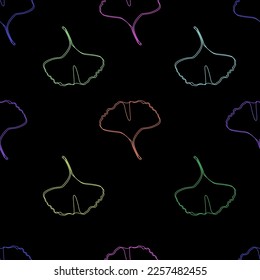 Seamless pattern vector silhouette of Ginkgo biloba leaves in neon colors on black and clean background. Postcard, square template, print on paper, fabric.