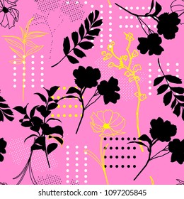 Seamless pattern vector silhouette outline mix with polka dots and hand drawn sketch for fashion fabric and all prints on pink background ,Modern style