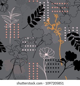 Seamless pattern vector silhouette outline mix with polka dots and hand drawn sketch for fashion fabric and all prints on grey background ,Modern style Seamless pattern vector silhouette outline mix with polka dots and hand drawn sketch for fashion fabric and all prints on grey background ,Modern style