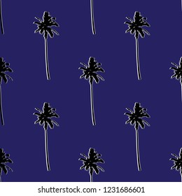 Seamless pattern of vector silhouettes black tropical palm trees on blue background. 