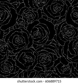 Seamless pattern with vector silver glitter roses. Vector illustration of a silhouette of a flower, consisting of sequins or glitter. Glittering decoration background, glamour shiny texture svg