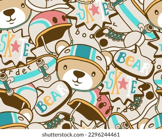seamless pattern vector of skateboard element cartoon with funny bear