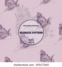 Seamless pattern. Vector sketch of eagle flying. Hand drawn geometric illustration in line art style.