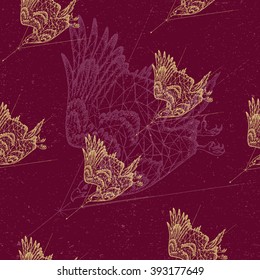 Seamless pattern. Vector sketch of eagle flying. Hand drawn geometric illustration in line art style.