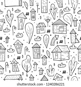 Seamless pattern of vector sketch houses, trees and clouds. Endless background in doodle style.