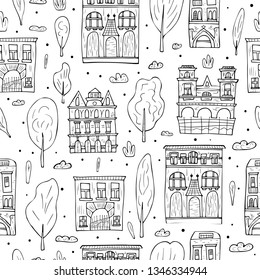 Seamless pattern of vector sketch houses, trees and clouds. Endless background in doodle style.