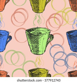 Seamless pattern of the vector sketch of tea cup or coffee cup, on tea stains background. Colorful.