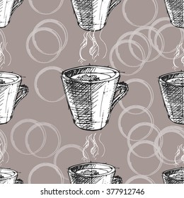 Seamless pattern of the vector sketch of tea cup or coffee cup, on tea stains background. 