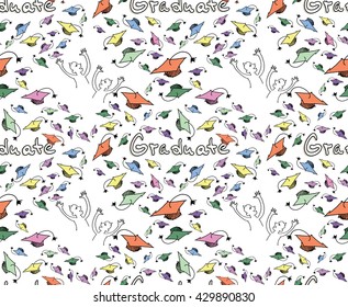 Seamless pattern. Vector sketch of the thrown graduation caps and the students. Graduation, school, college, education concept.