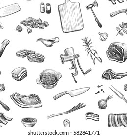 A seamless pattern of vector sketches on the theme of cooking meat. Isolated hand drawings. 