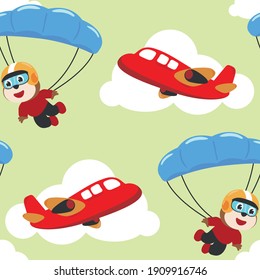 Seamless pattern vector with skydiver monkey, parachute and planes. Design concept for kids textile print, nursery wallpaper, wrapping paper. Cute funny background. 
