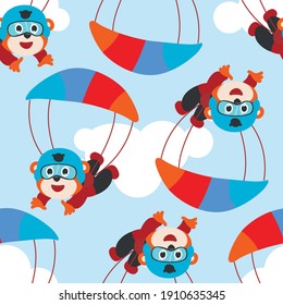 Seamless pattern vector with skydiver tiger, parachute and planes. Design concept for kids textile print, nursery wallpaper, wrapping paper. Cute funny background. 