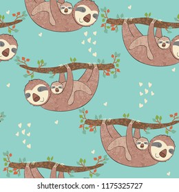 Seamless pattern. Vector sloth mom and baby