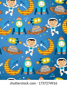Seamless pattern vector of space elements cartoon with little astronaut