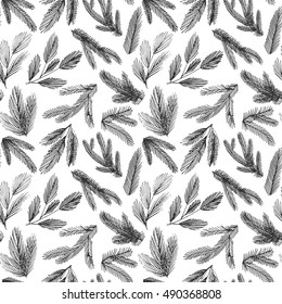 Seamless pattern with vector spruce branches. Ink illustration. Christmas ornament for wrapping paper and decor. 