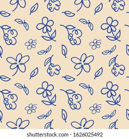 Seamless pattern vector stock illustration of flowers, hand-drawn, on an isolated background. Doodle, Scandinavian style. For fabric, wrapping paper, wallpaper design, Eps 10