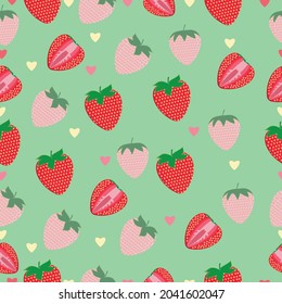 Seamless pattern vector. strawberrys, hearts and green background in bright summer style