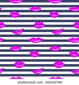 Seamless pattern vector. Stripes with sweet lips) Can use for teen clothes.