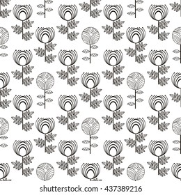 Seamless pattern vector stylization black flowers with white background,hipster linear style. Design for textile, clothes, wallpapers, packaging, coloring and card, poster