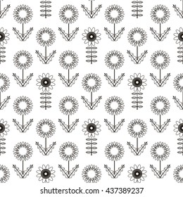 Seamless pattern vector stylization black flowers with white background,hipster linear style. Design for textile, clothes, wallpapers, packaging, coloring and card, poster