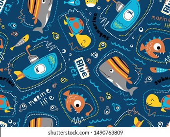 seamless pattern vector of submarine with marine animals cartoon