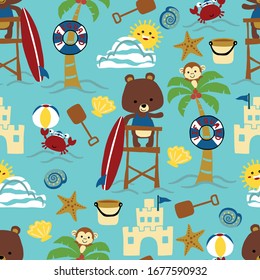 seamless pattern vector of summer beach holiday elements cartoon with funny animals