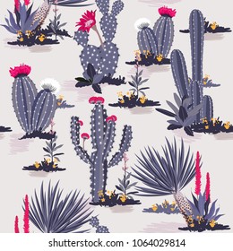 Seamless pattern vector summer cactus on desert mix with beautiful pink blooming succulents flower for fashion fabric and all prints on light grey background.