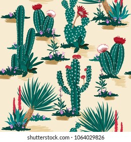 Seamless Pattern Vector Summer Cactus On Desert Mix With Beautiful Blooming Succulents Flower For Fashion Fabric And All Prints On Light Beige Sand Background.