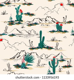 Seamless pattern vector summer cactus on desert mix with beautiful blooming succulents flower for fashion fabric and all prints on light beige sand background.