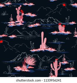 Seamless pattern vector summer cactus on desert mix with beautiful blooming succulents flower for fashion fabric and all prints on navy blue background.